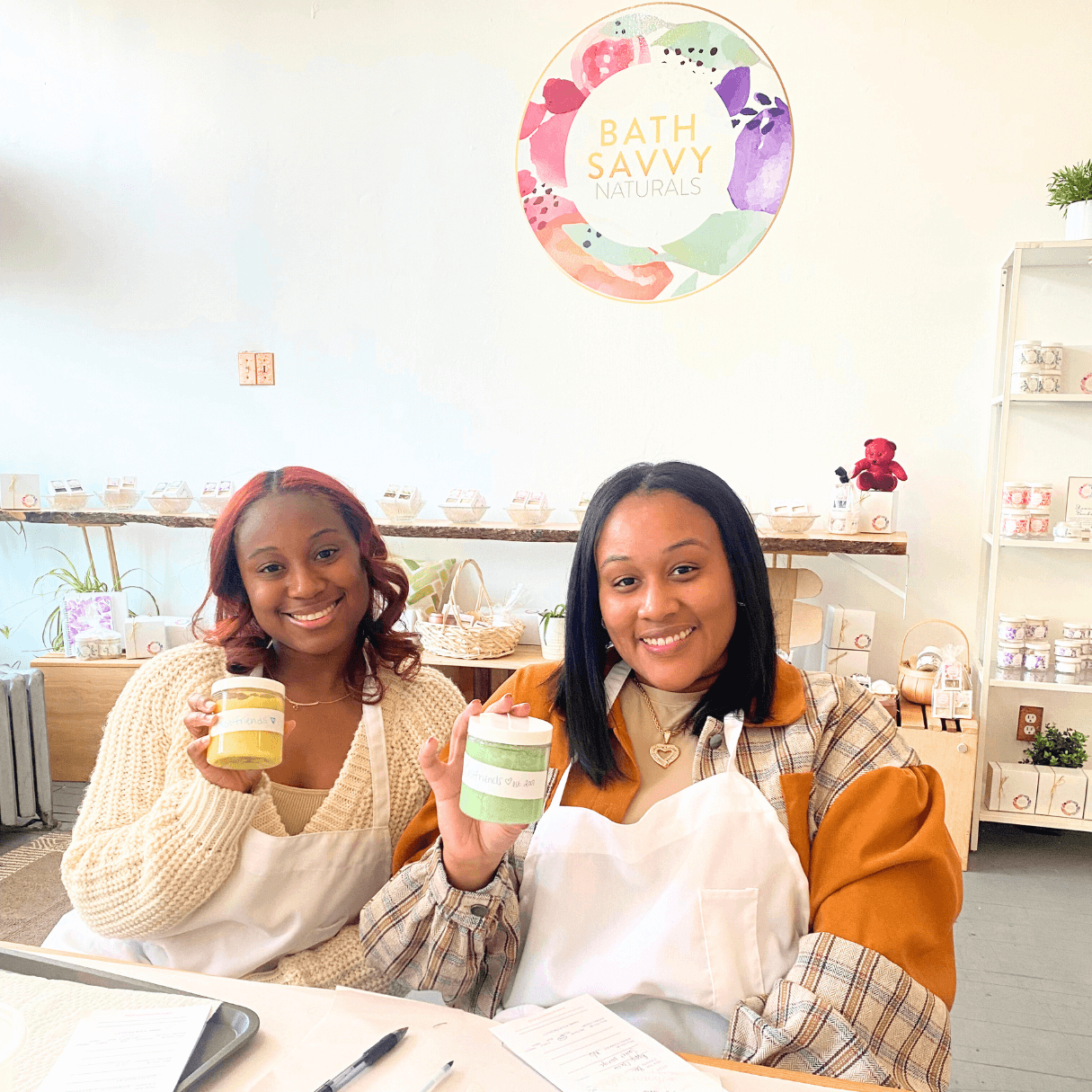 Friends creating custom sugar scrubs and Detroit's Premier fragrance bar - Bath Savvy