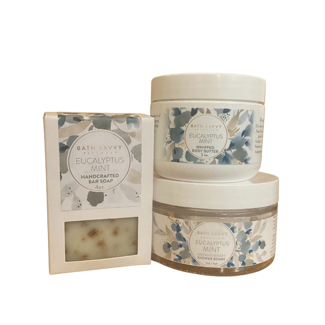 Eucalyptus Mint soap box beside two labeled Bath Savvy jars