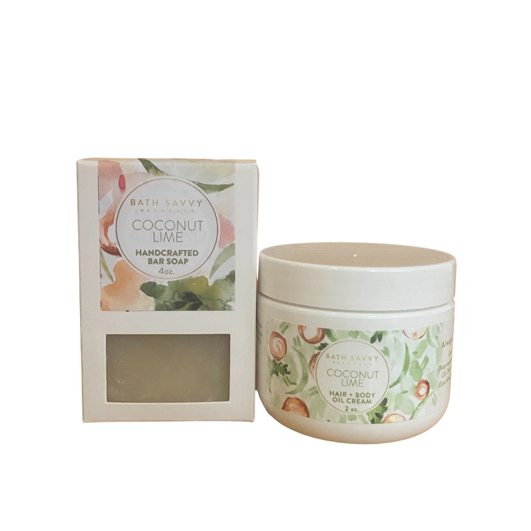 Coconut Lime Handmade Soap box beside a Coconut Lime Oil Cream jar